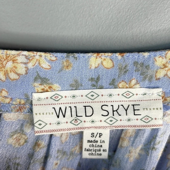 WILD SKYE Tiered Floral Maxi Dress Blue Spaghetti Strap Plisse Milkmaid S - Picture 8 of 12